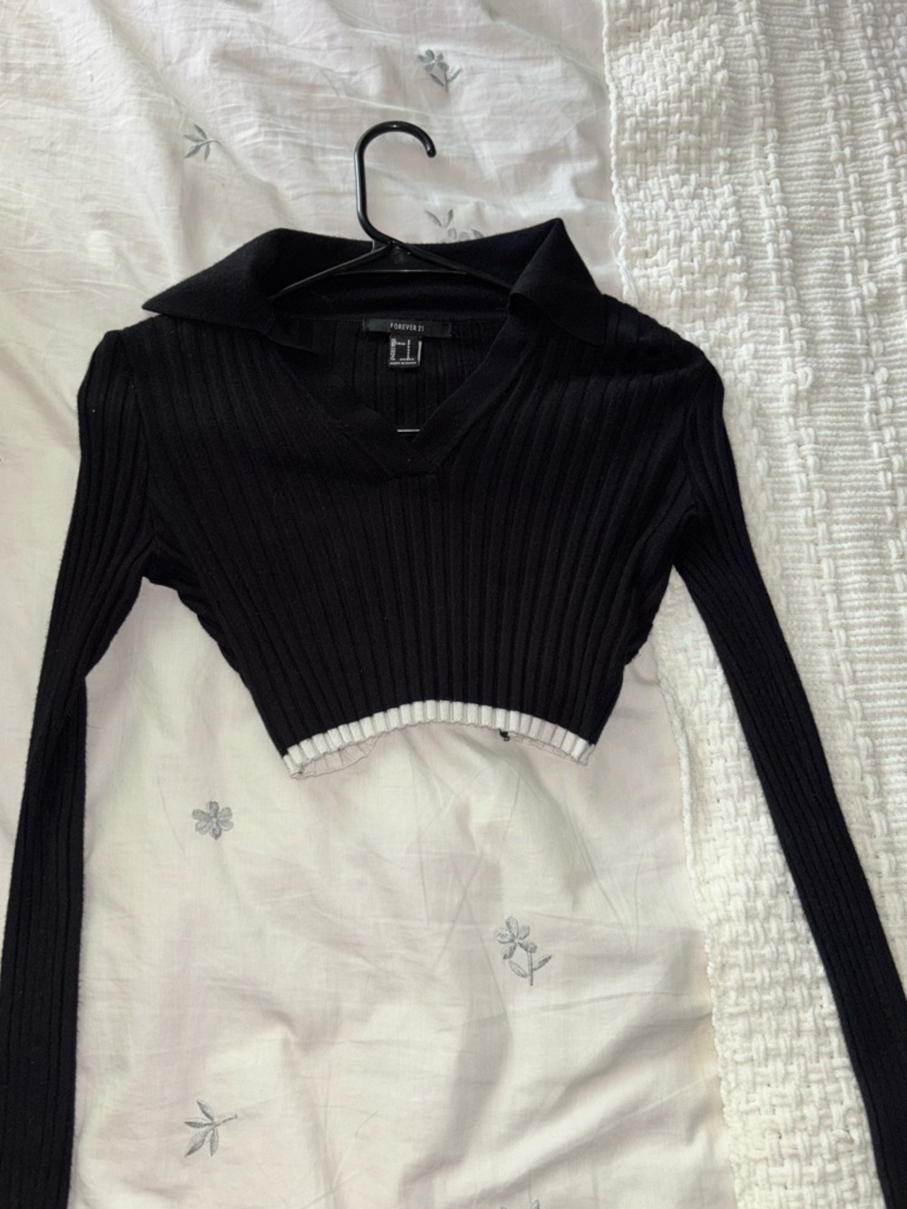 Forever 21 Black Ribbed Long-Sleeve Cropped Polo Top with White Hem